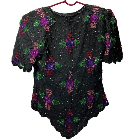 Laurence Kazar Fairy Womens PS Beaded Black Sequined Goth Vintage Silk Blouse - Picture 1 of 9